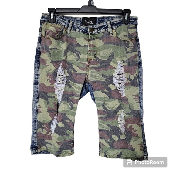 Dazl Pants - Dazl Two Toned Green Camouflage Distressed Front Acid Wash Blue Denim Back 13